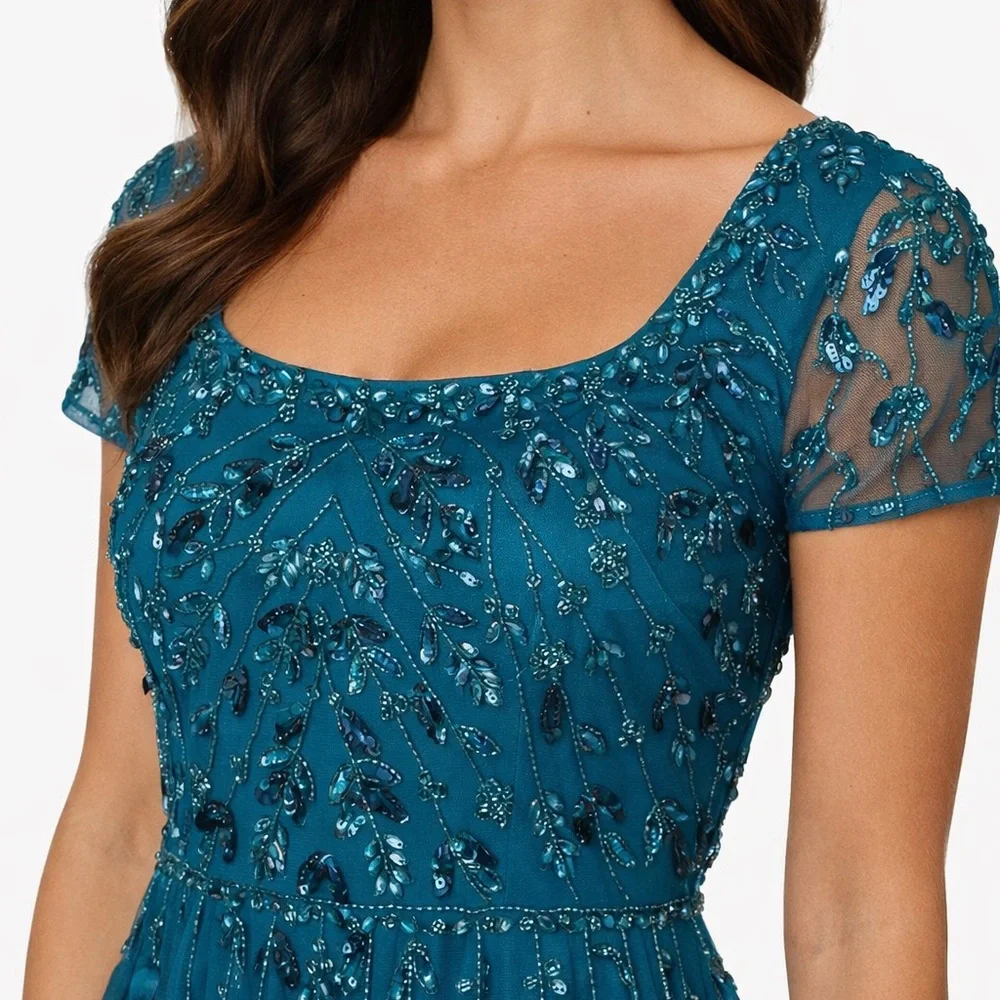 Adrianna Papell Teal Beaded Tulle Gown Size 4 NWT Black Tie Evening Formal GALA - Picture 2 of 5